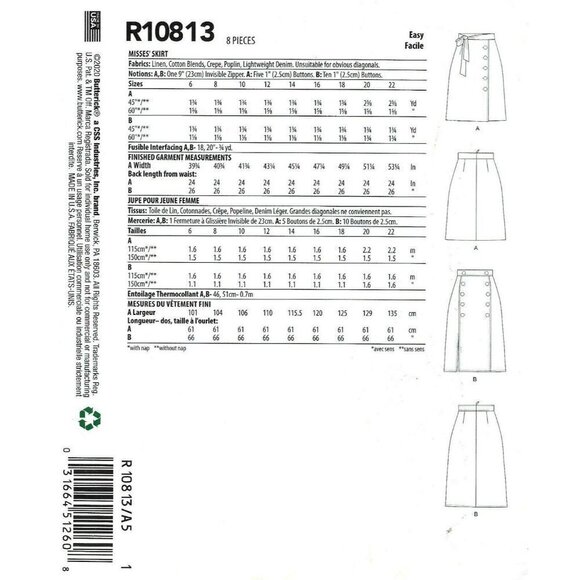 Butterick Sewing Pattern 10813 Misses Skirt Size - Picture 2 of 2